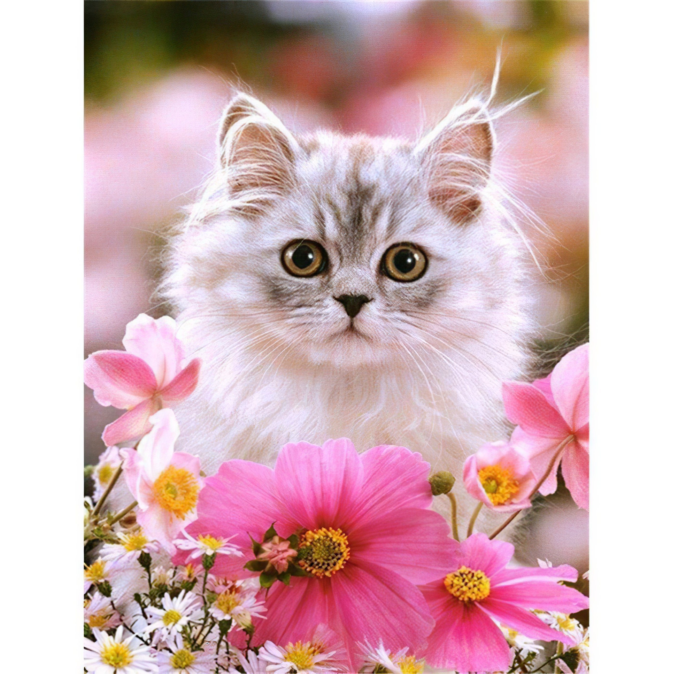 A serene cat surrounded by flowers, reflecting a peaceful coexistence with beauty. Cat With Flowers - Diamondartlove