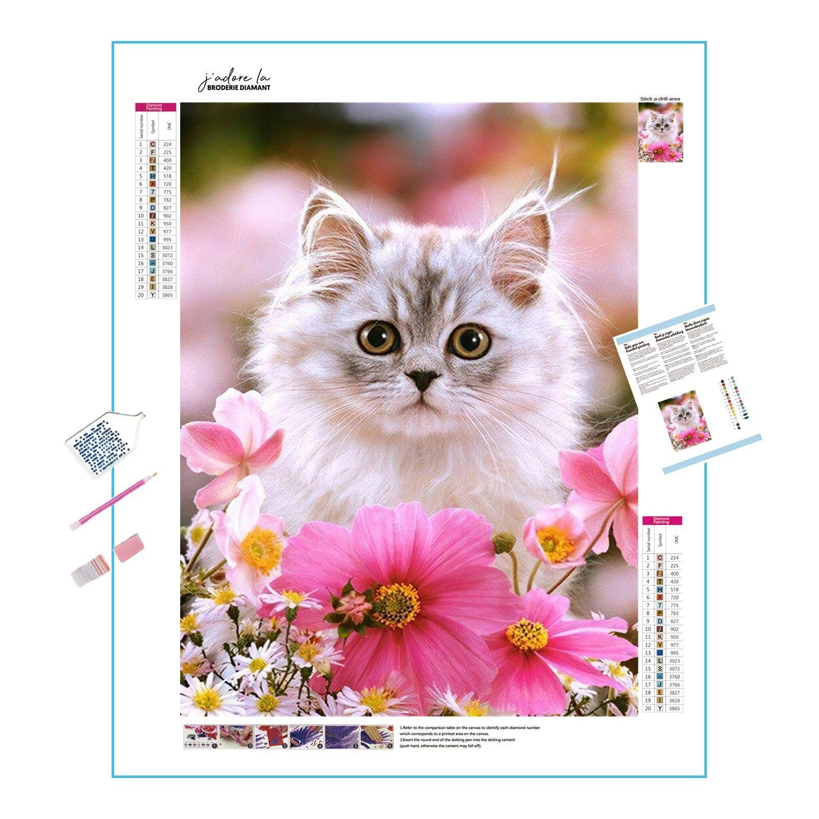 A serene cat surrounded by flowers, reflecting a peaceful coexistence with beauty. Cat With Flowers - Diamondartlove