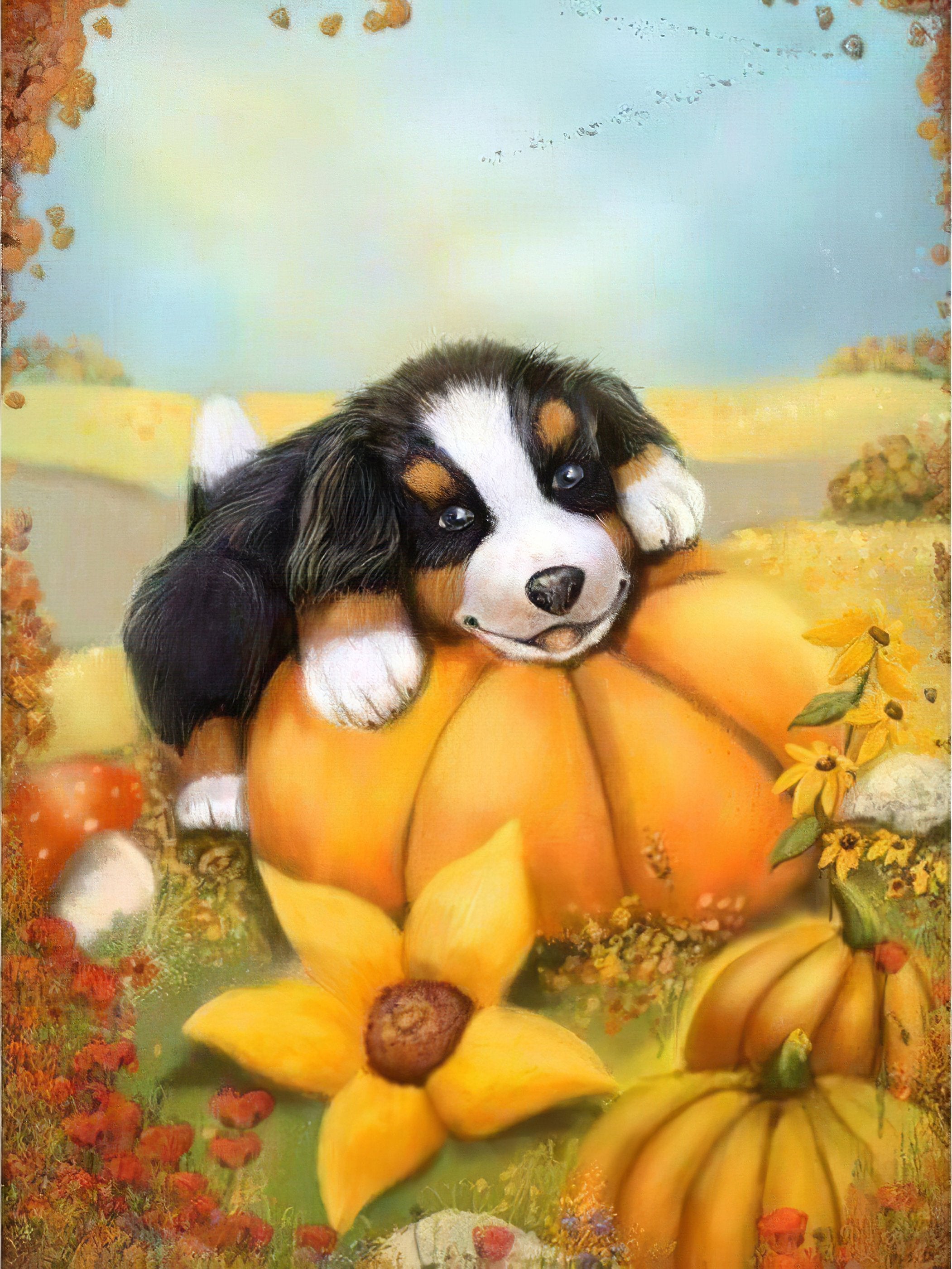 Experience the cute encounter between a puppy and a pumpkin in this heartwarming scene.Puppy And Pumpkin - Diamondartlove