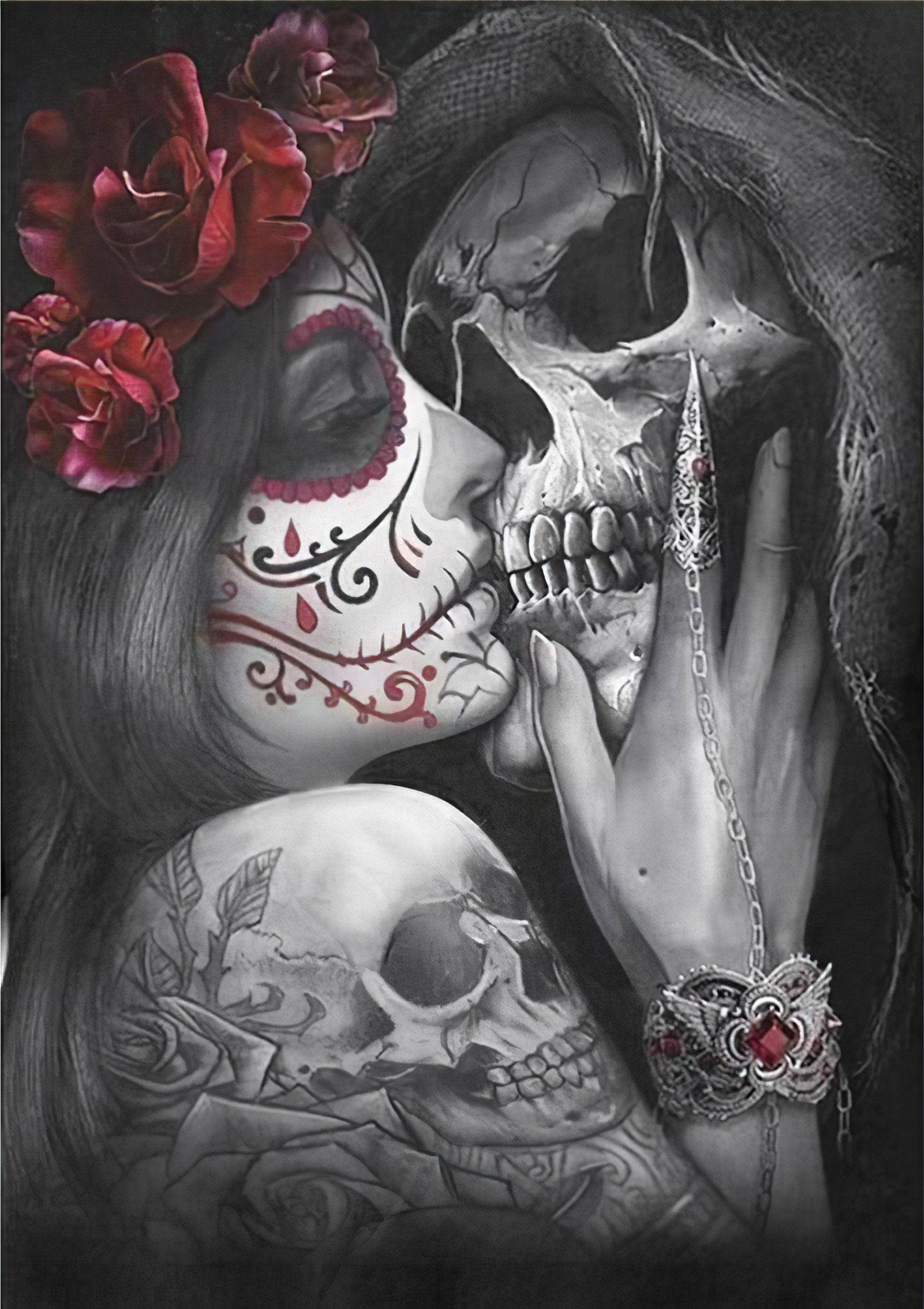 Discover a unique blend of gothic and romance, where a skull is adorned with love symbols.Romantic Skull - Diamondartlove