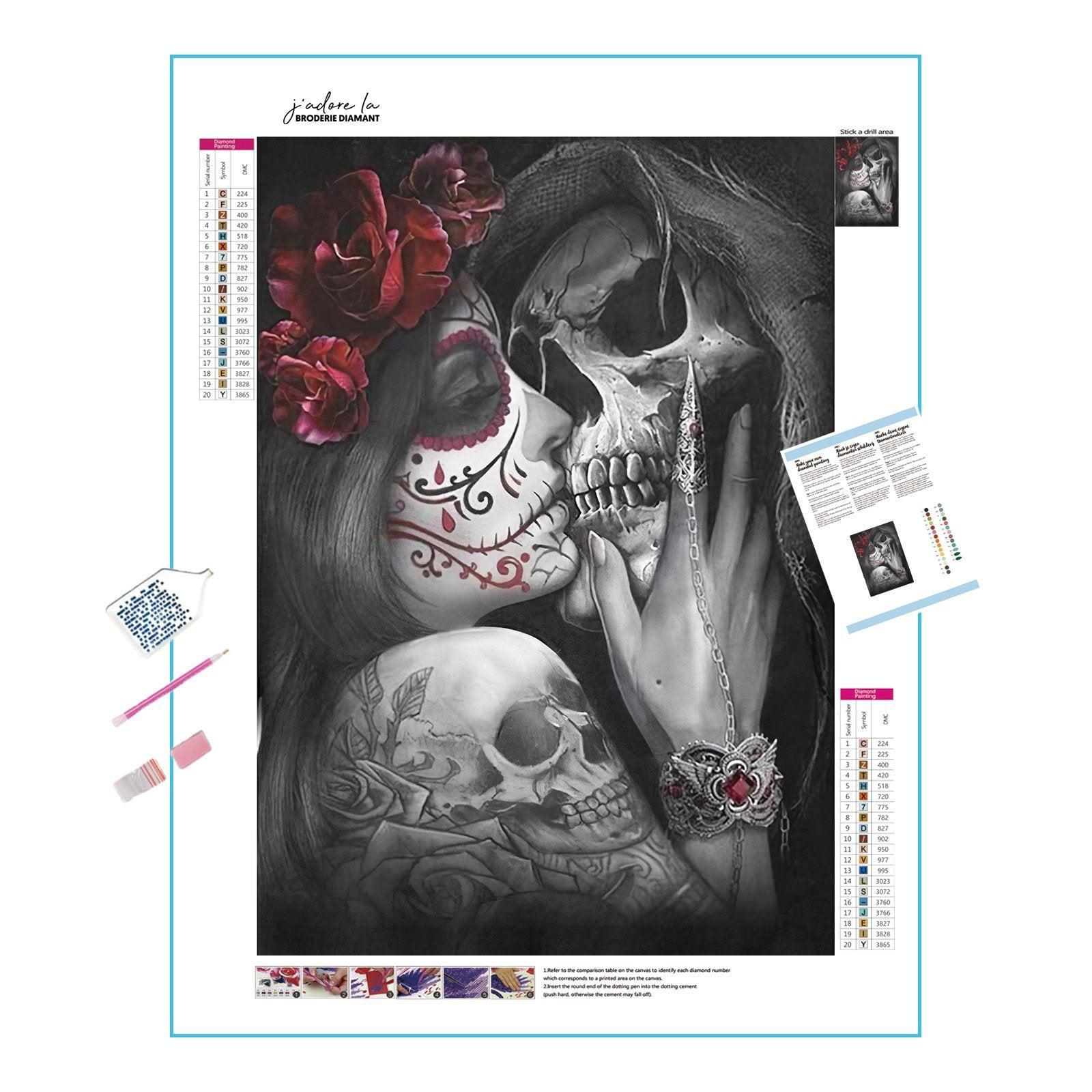 Discover a unique blend of gothic and romance, where a skull is adorned with love symbols.Romantic Skull - Diamondartlove