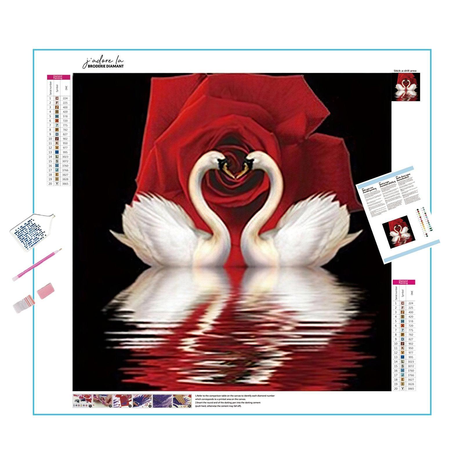 Witness the elegance of a swan among floating roses, creating a scene of serene beauty.Rose And Swan - Diamondartlove