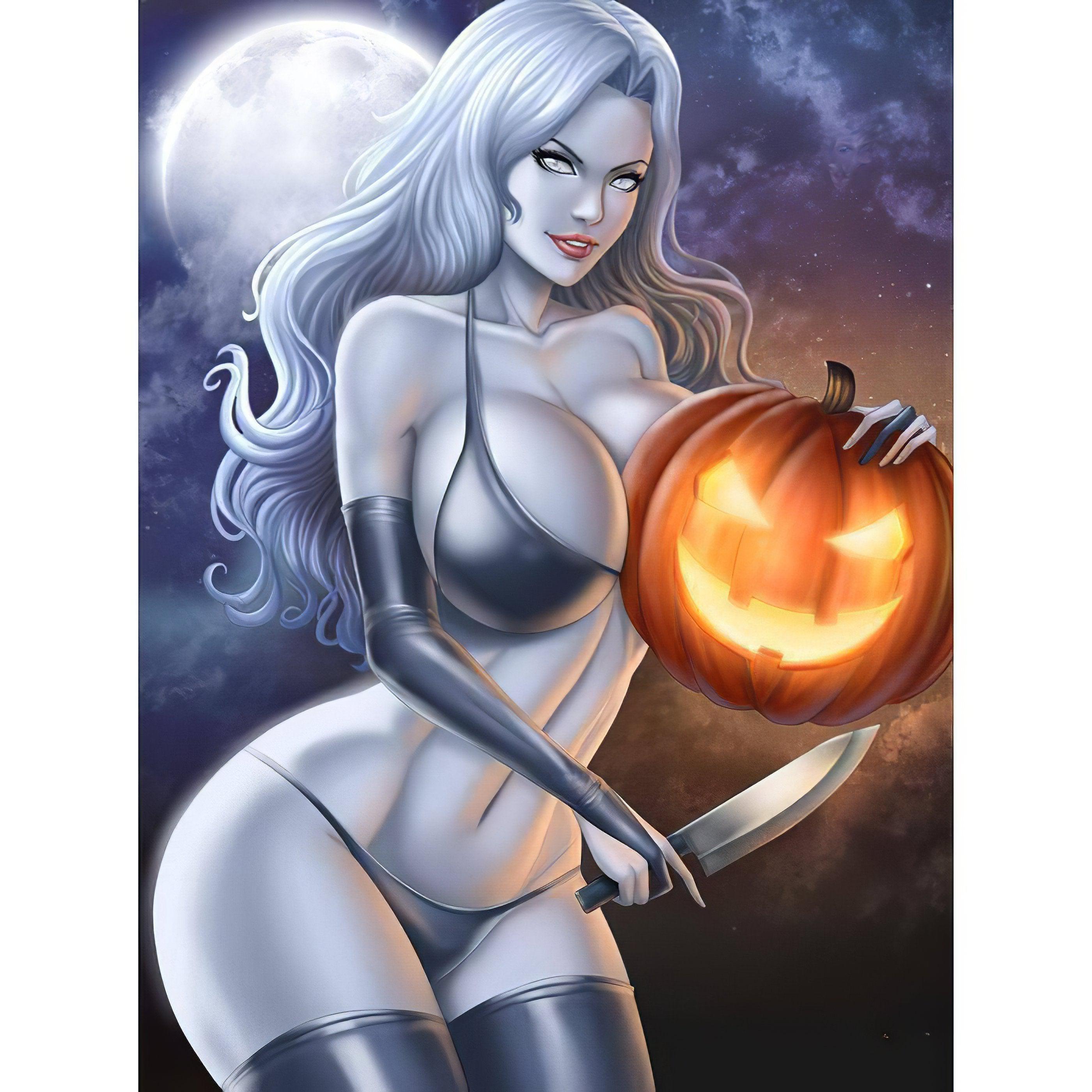 Halloween Death Lady And Pumpkin Moon