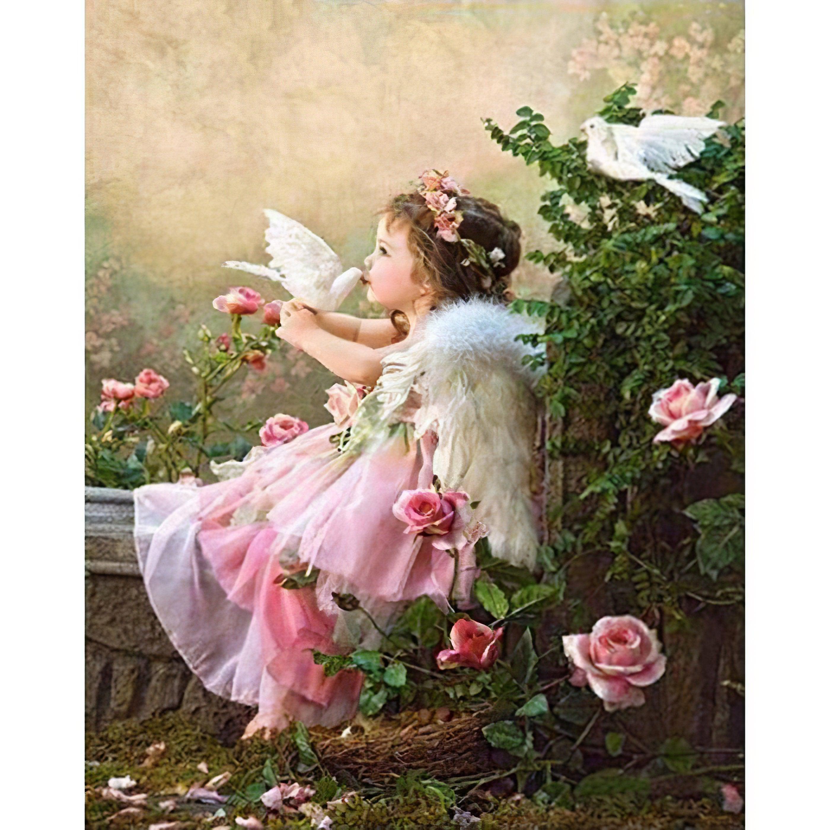 Explore celestial beauty with a girl angel amid blossoms.Flower And Girl Angel - Diamondartlove