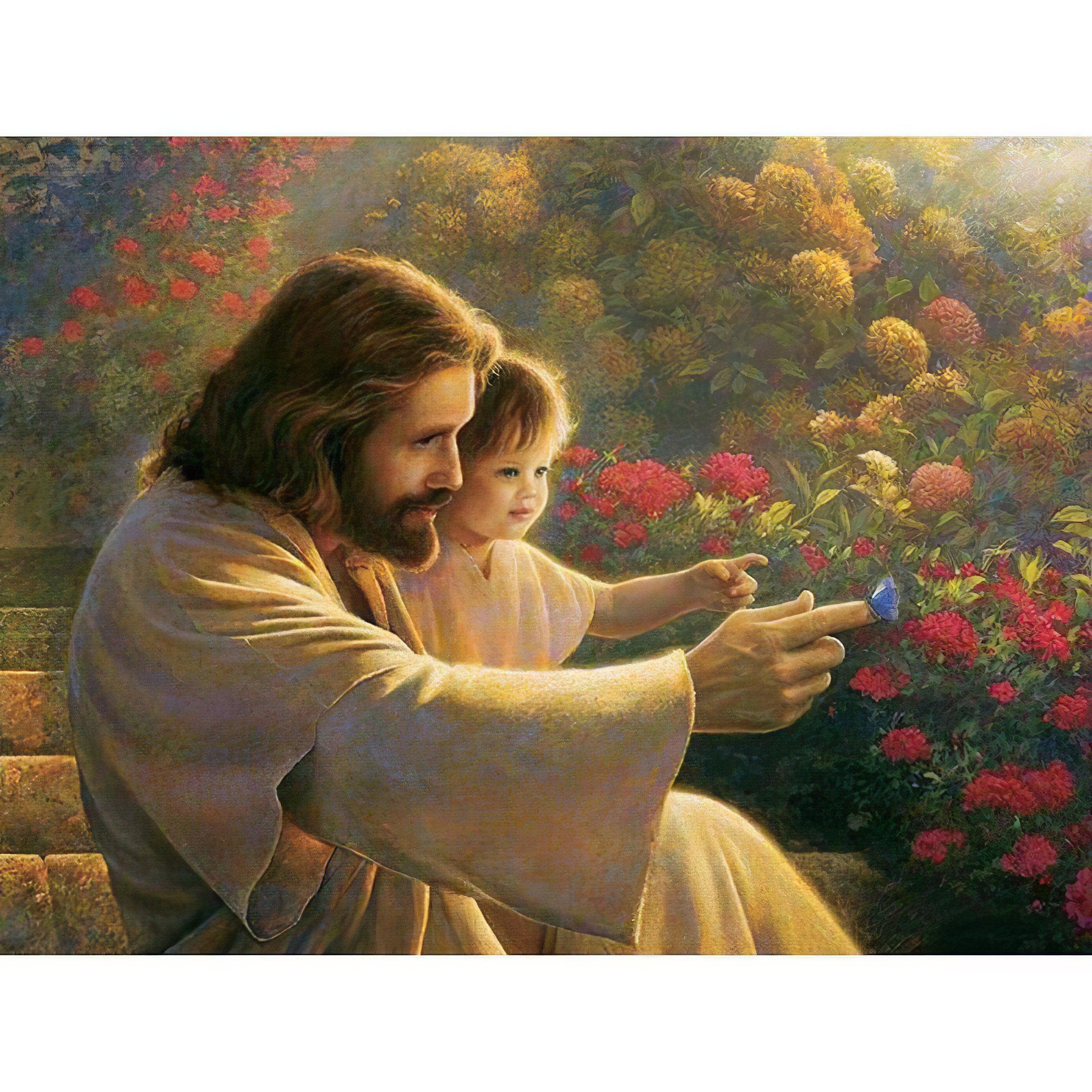 Feel divine warmth with Jesus and Baby amidst flowers. Jesus And Baby With Flowers - Diamondartlove