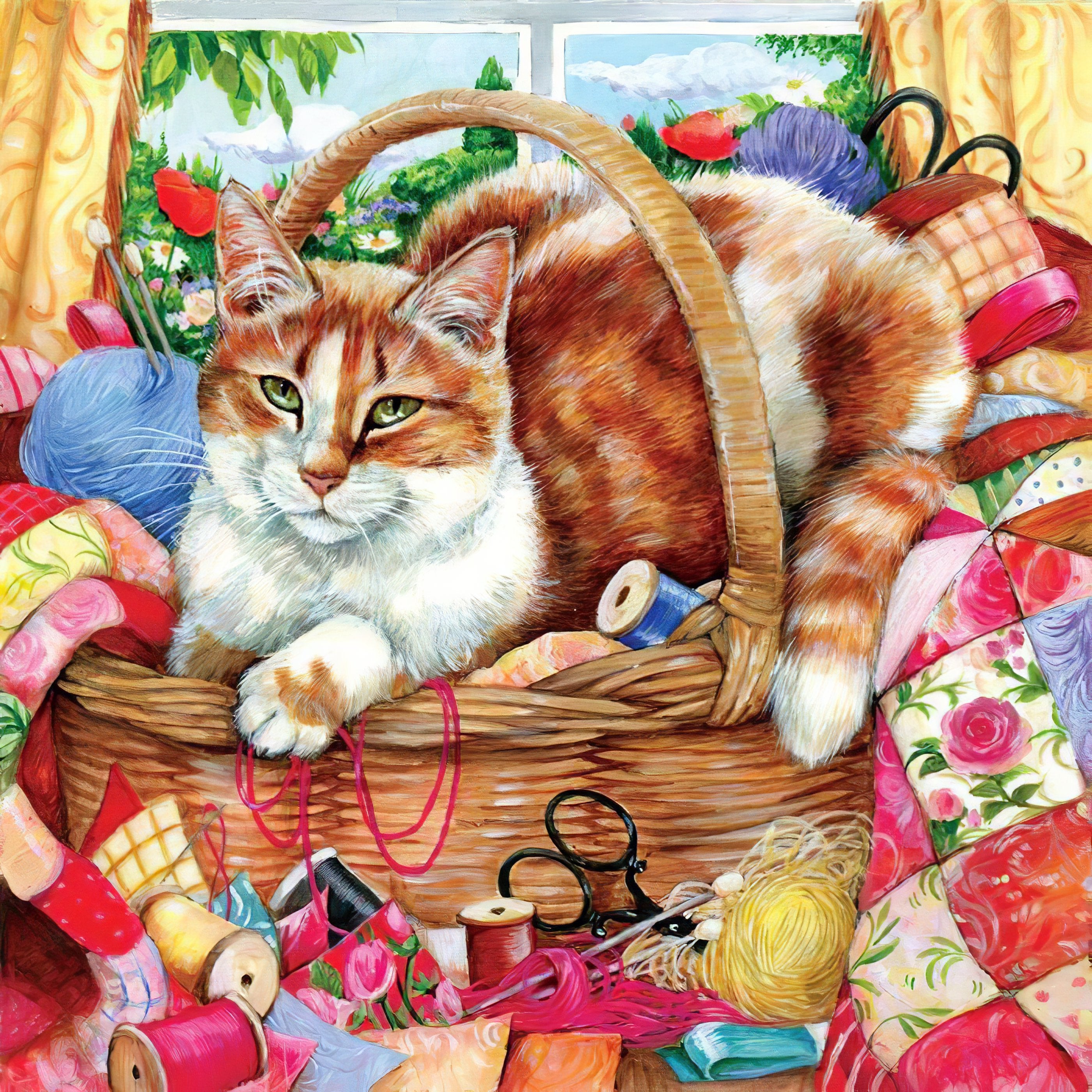 Cozy and content, a cat nestled in a basket, epitomizing comfort and serenity.Cat In Basket - Diamondartlove