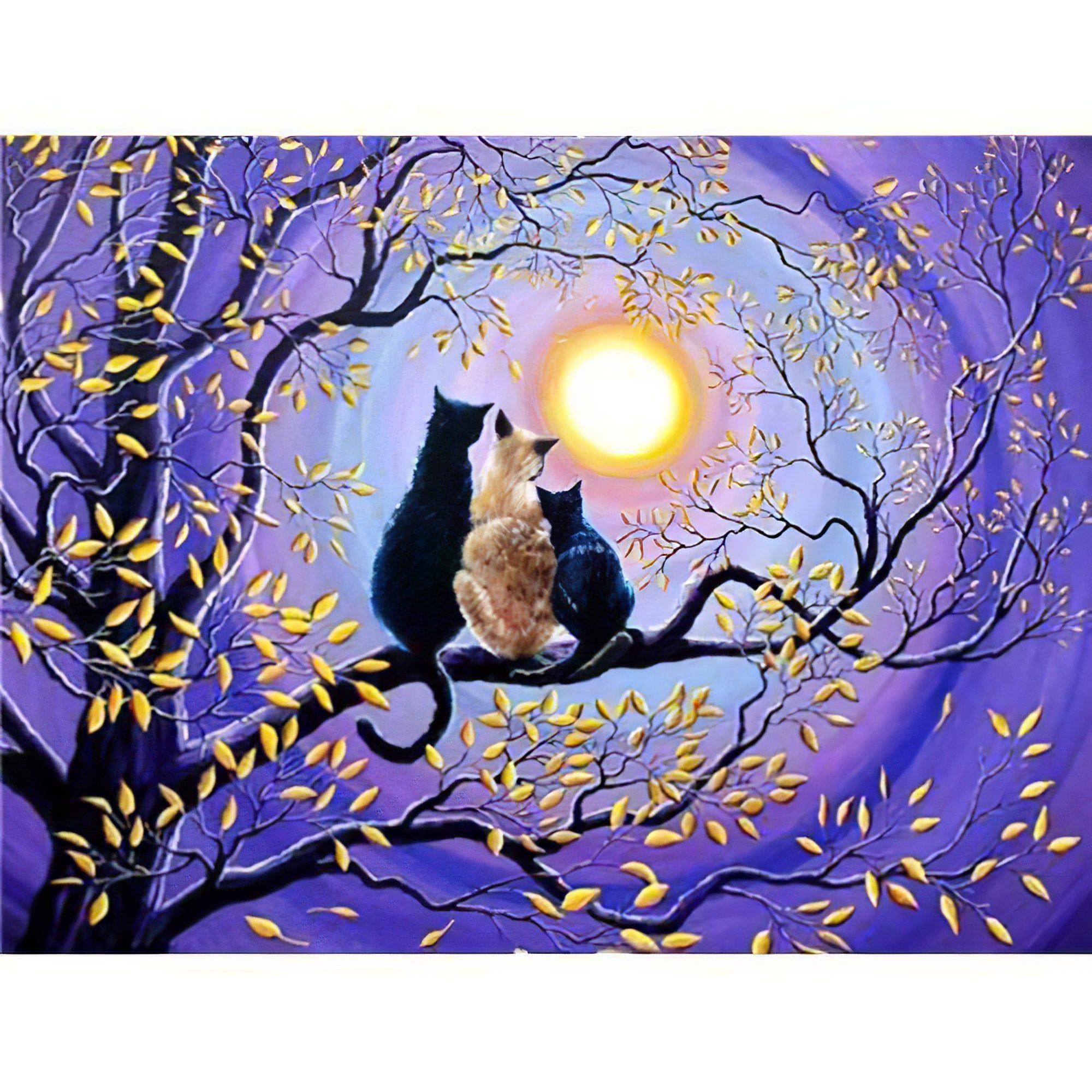 Three Cats On The Tree Under The Moon