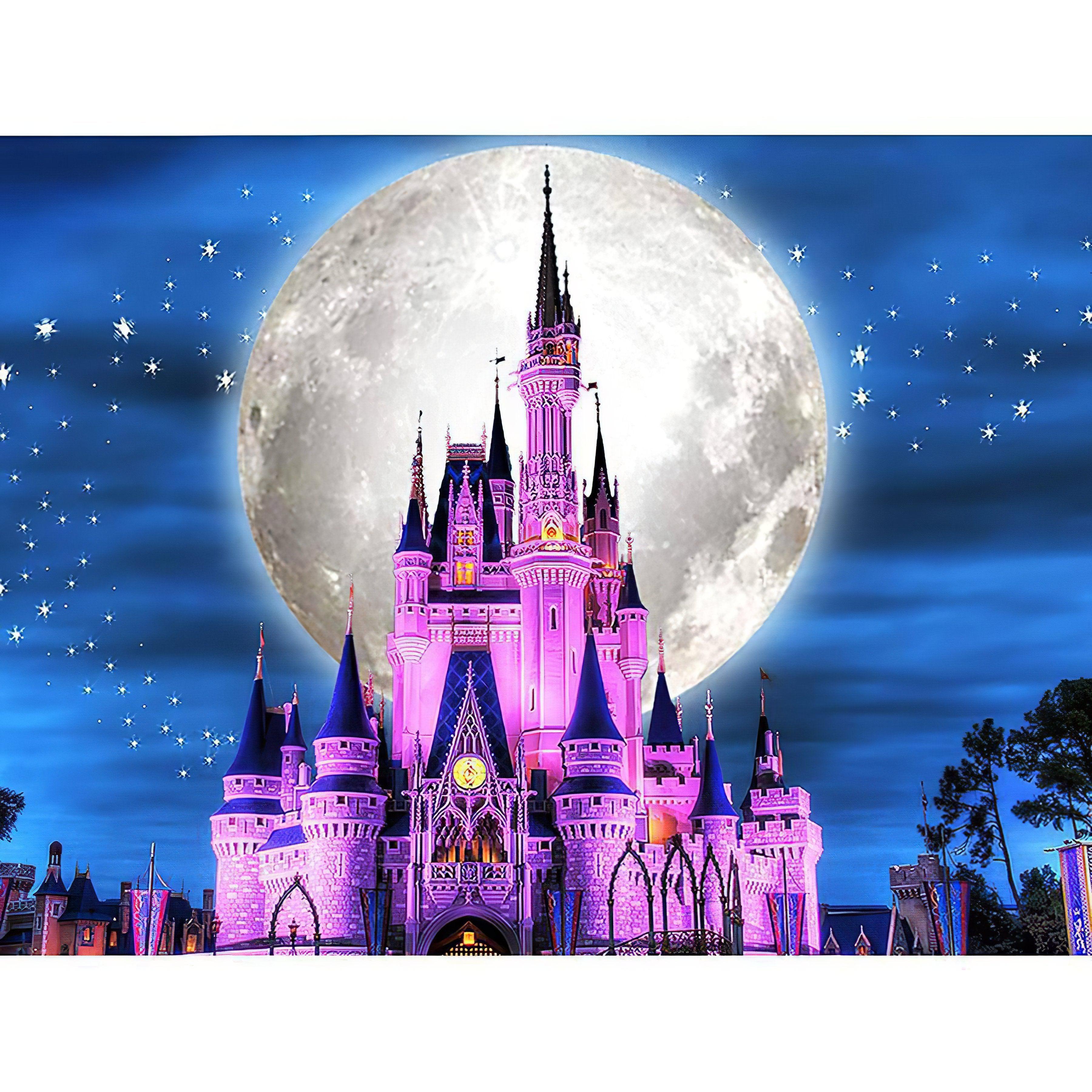 A fairy-tale vista, elegance of a rose-adorned castle meets the lunar glow Beautiful Rose Castle And Moon - Diamondartlove
