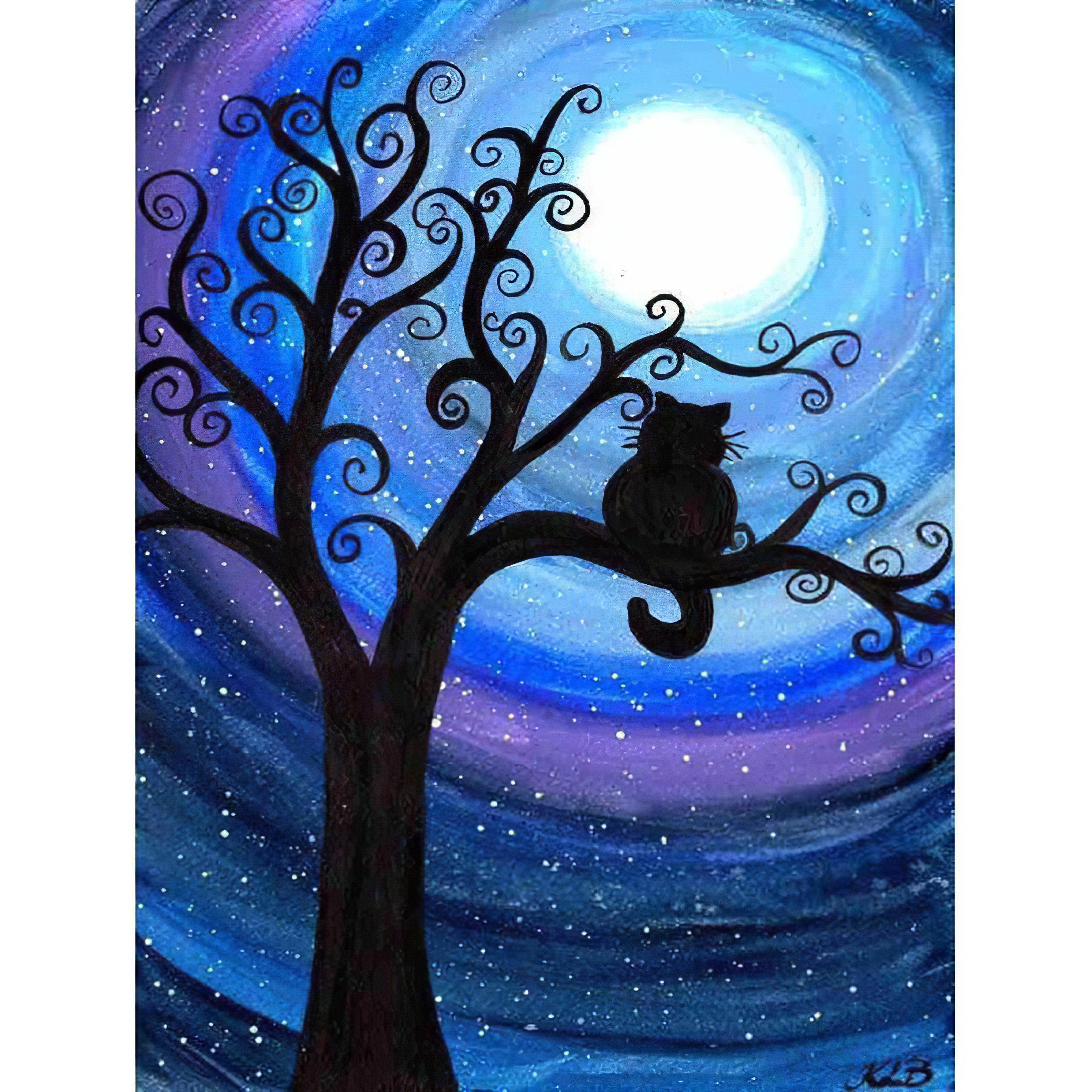 A black cat under the moonlight, merging mystery with night's allure. Black Cat And Moon - Diamondartlove