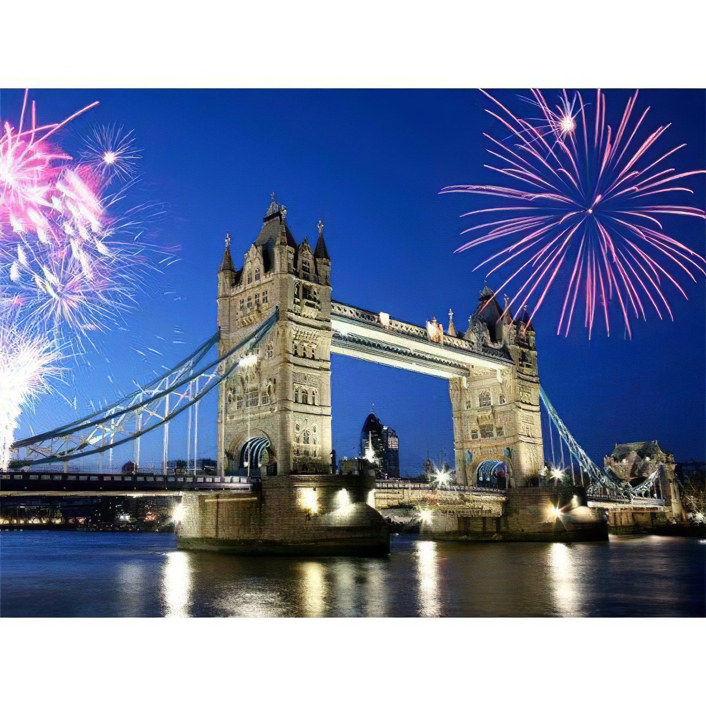 Marvel at fireworks dazzling over a city bridge, a blend of beauty and engineering.City Bridge And Fireworks - Diamondartlove