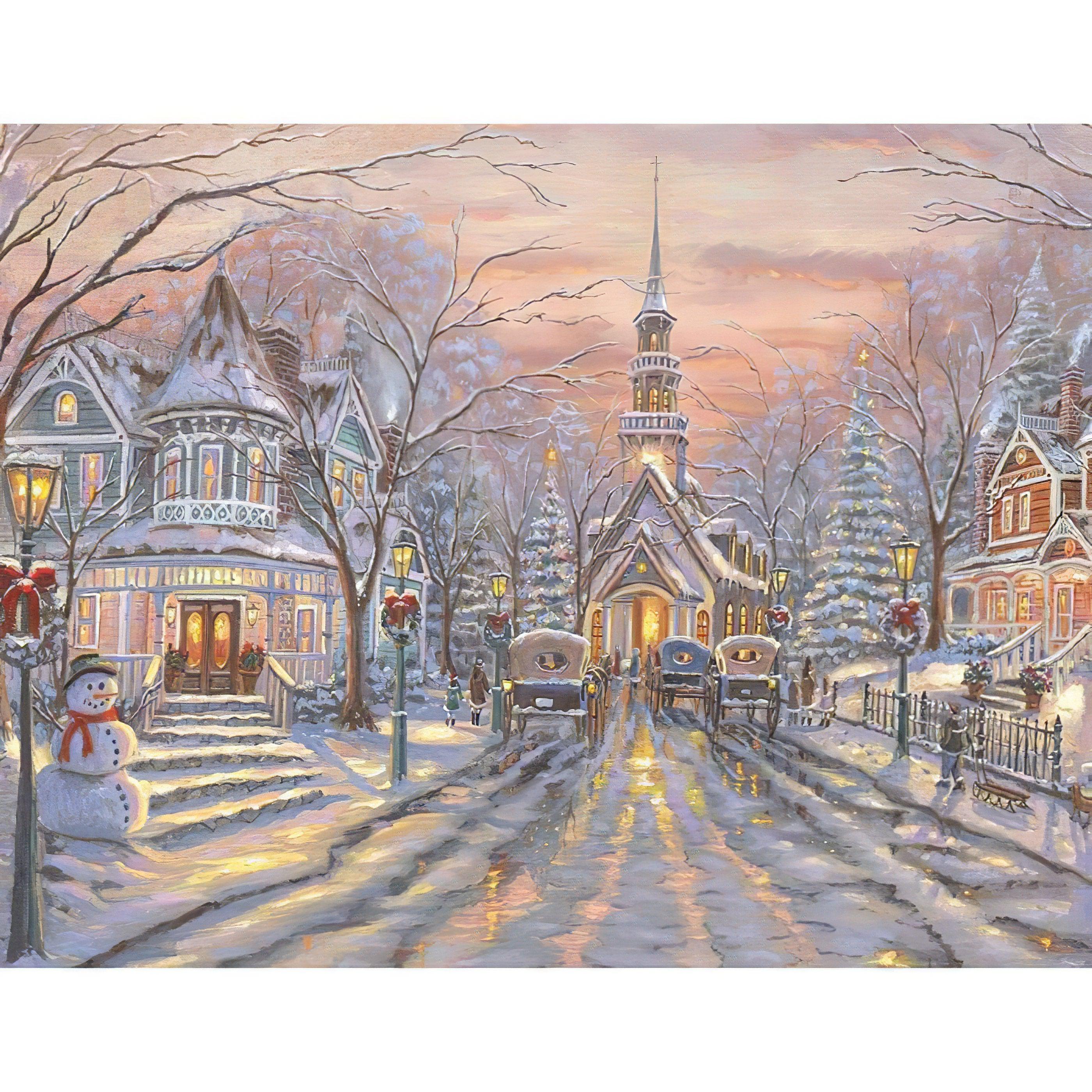 Explore a snowy Christmas village, aglow with festive lights.Christmas Village Winter - Diamondartlove