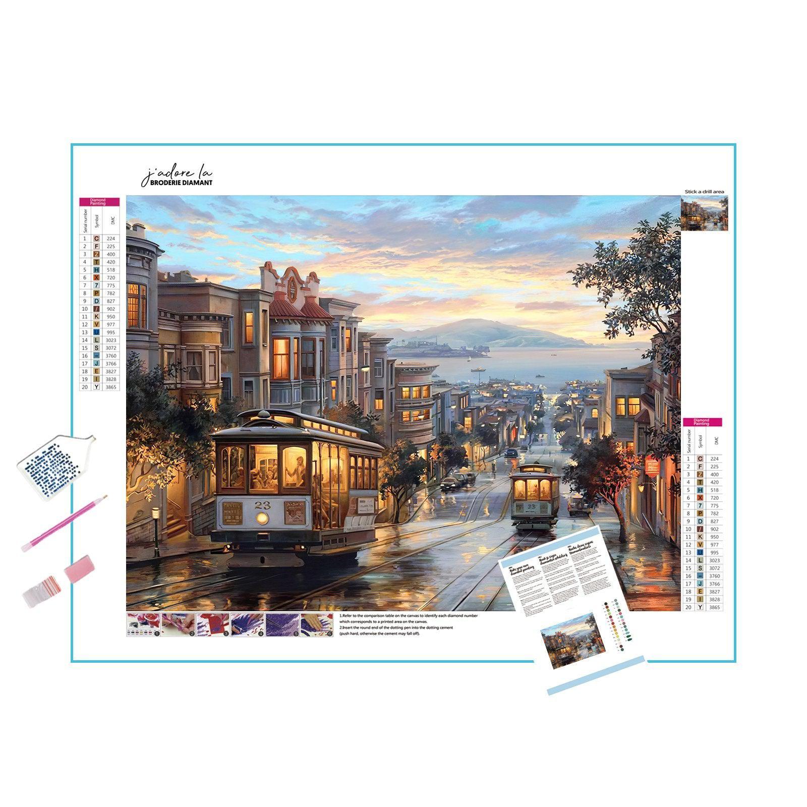 Charming tramway and city scene, perfect for urban décor.Tramway And City - Diamondartlove