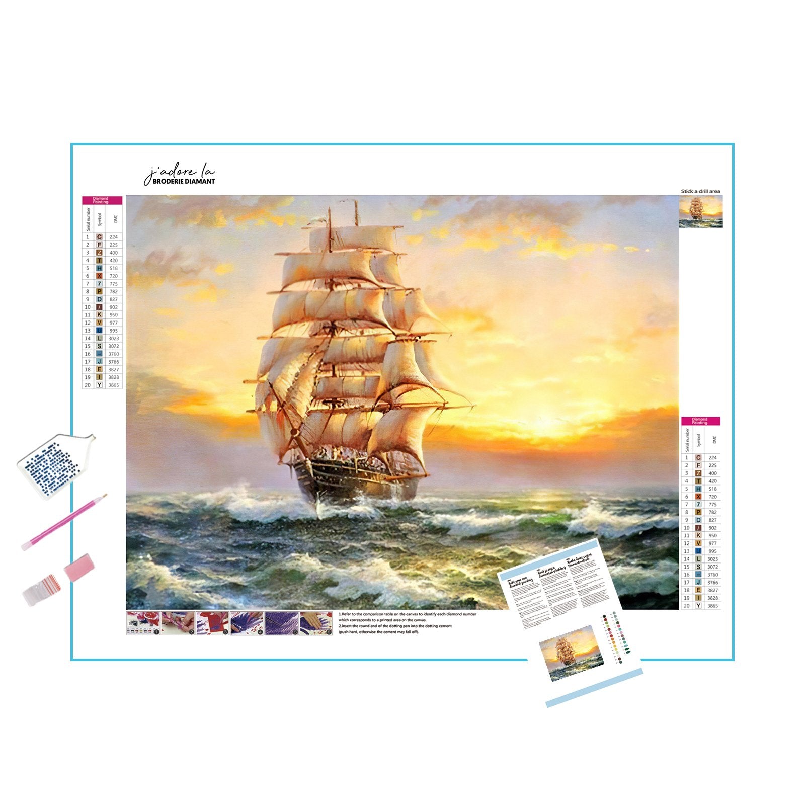 Set sail on an adventurous journey with a vibrant depiction of a sailing boat in vast ocean.Sailing Boat - Diamondartlove