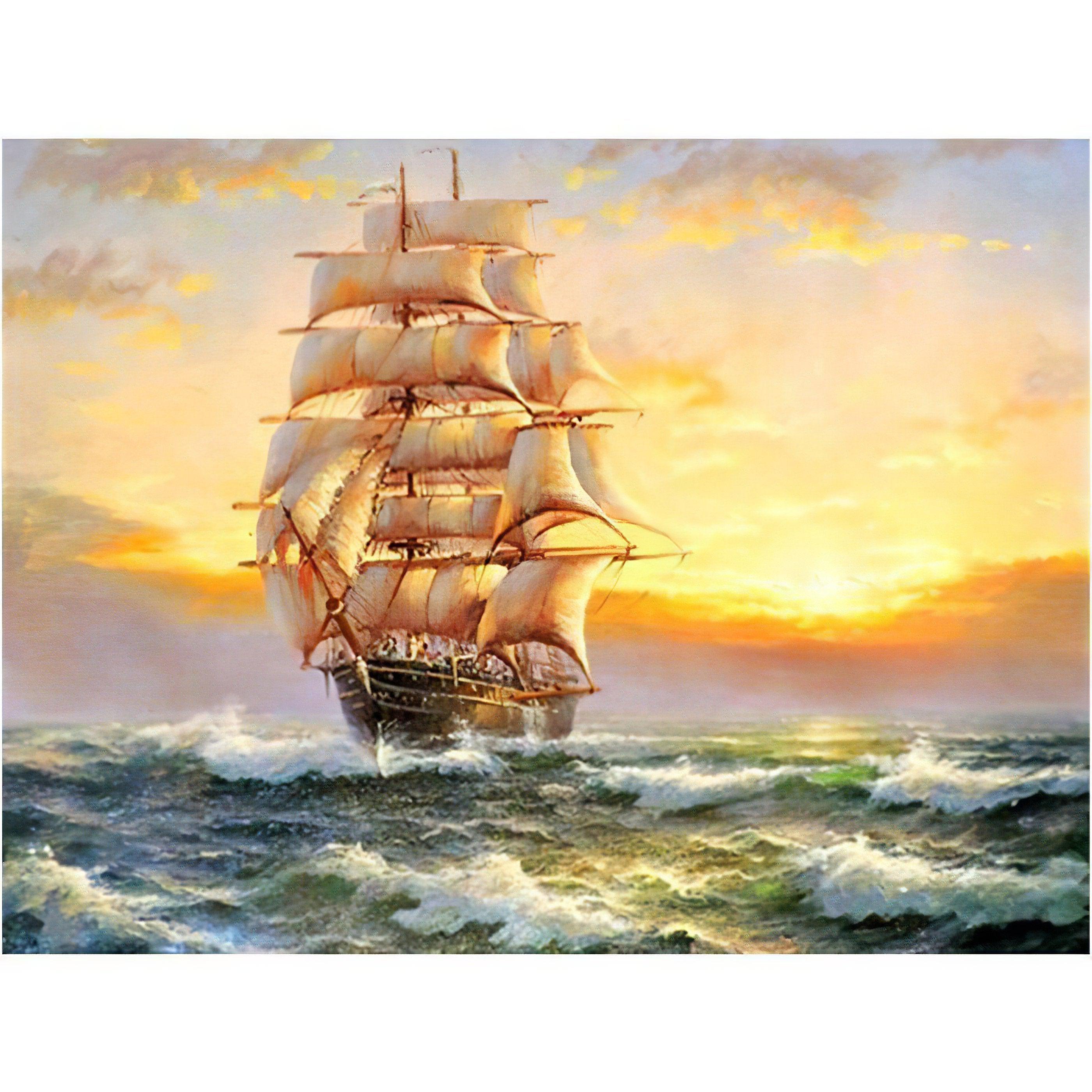 Set sail on an adventurous journey with a vibrant depiction of a sailing boat in vast ocean.Sailing Boat - Diamondartlove