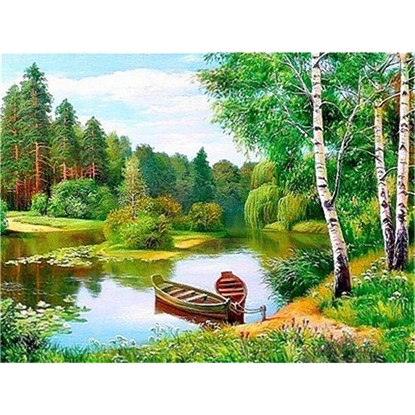 A serene journey through nature, where a boat meets the lush green forest. Boat And Green Forest - Diamondartlove