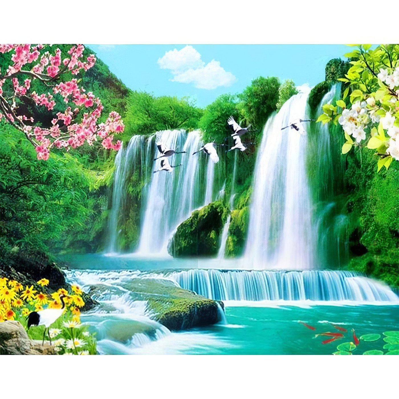 Explore the natural symphony where cascading waters meet the serene calls of Beautiful Waterfall And Birds - Diamondartlove