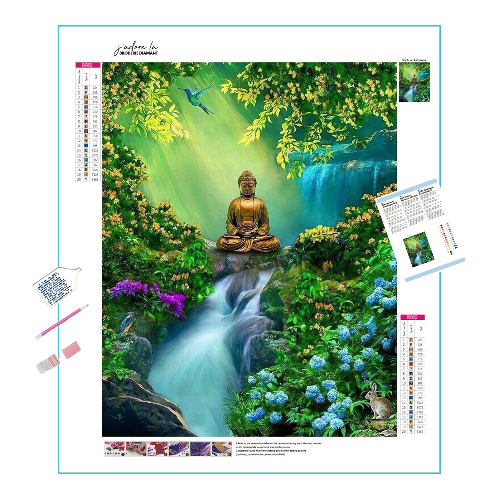 Buddha against a backdrop of waterfalls and mountains, representing tranquility.Buddha Waterfall Mountain - Diamondartlove