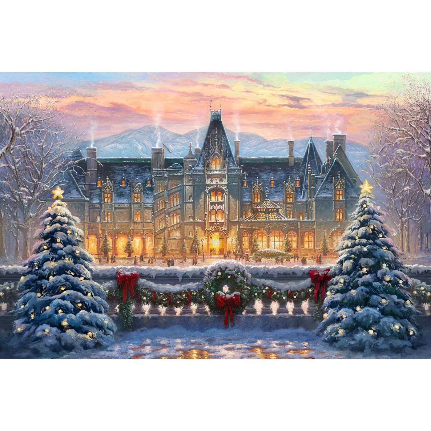Snowy mansion, illuminated by the serene glow of a winter Christmas tree.Christmas Tree Winter Snowy Mansion - Diamondartlove