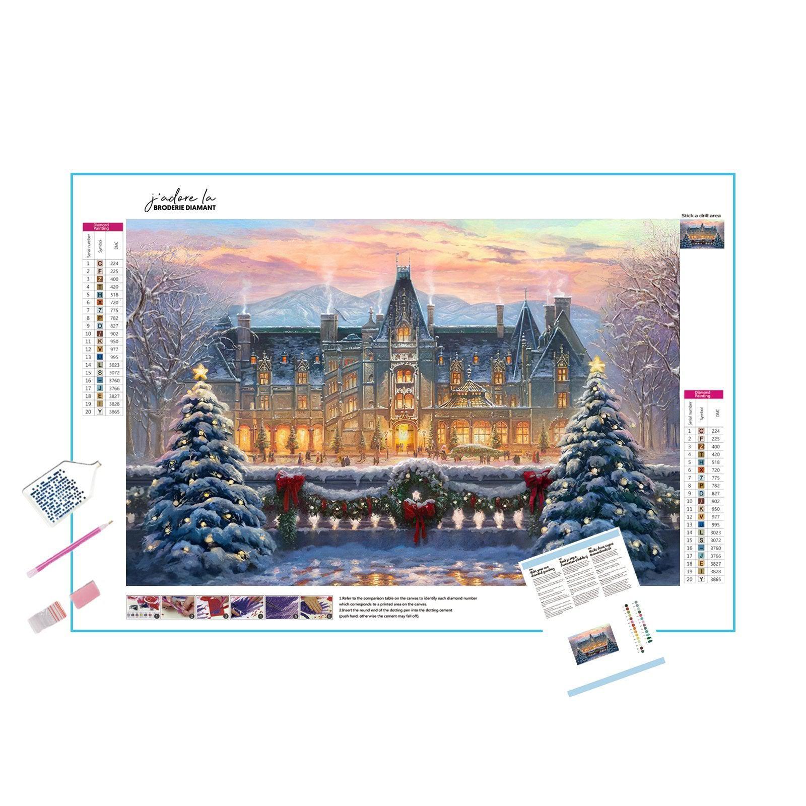 Snowy mansion, illuminated by the serene glow of a winter Christmas tree.Christmas Tree Winter Snowy Mansion - Diamondartlove