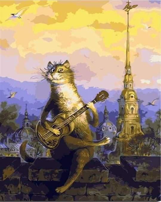 A cat strumming a guitar, blending musical talent with feline whimsy. Cat With Guitar - Diamondartlove