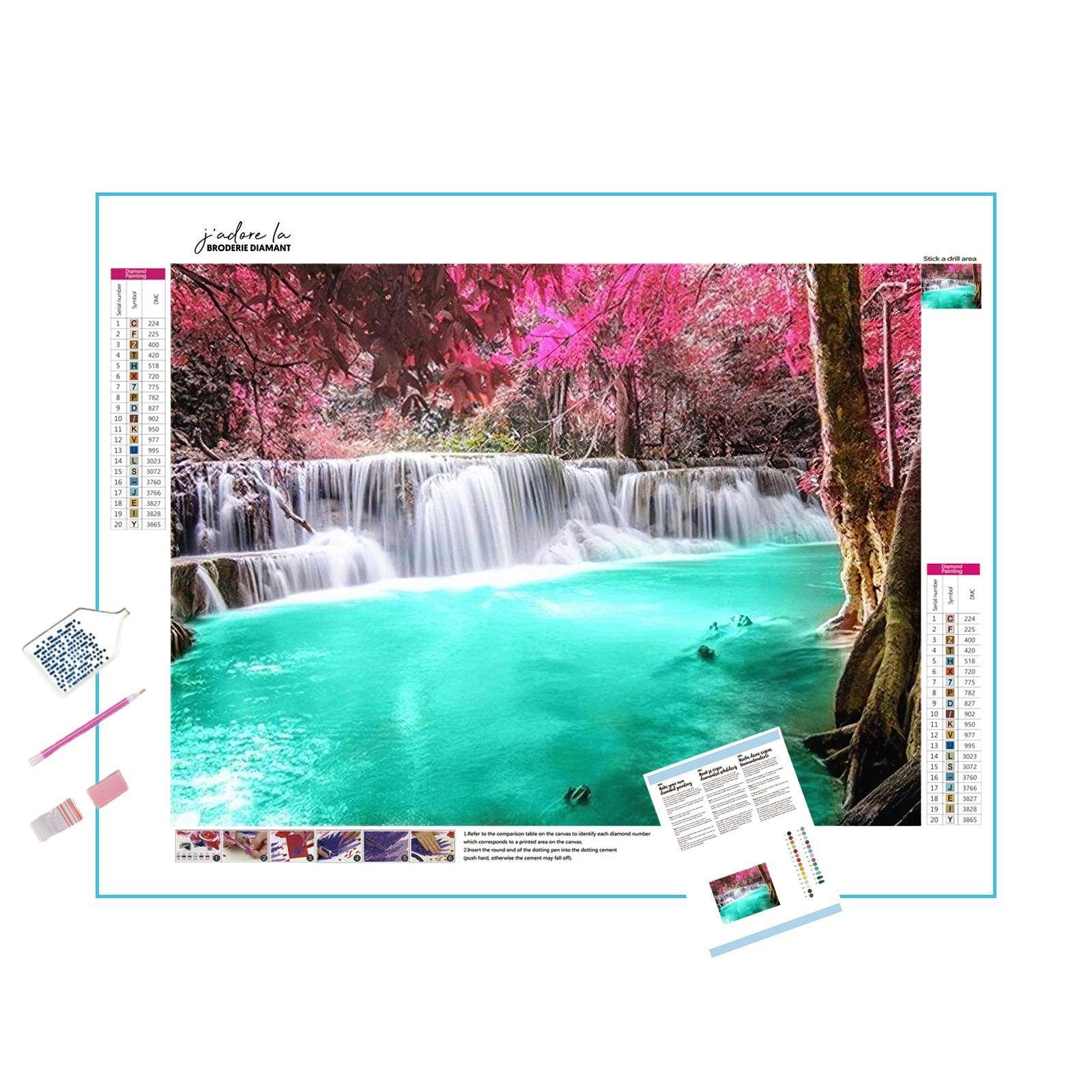 Escape to a cascade beneath blooming rose trees.Fresh Waterfall Under Rose Trees - Diamondartlove