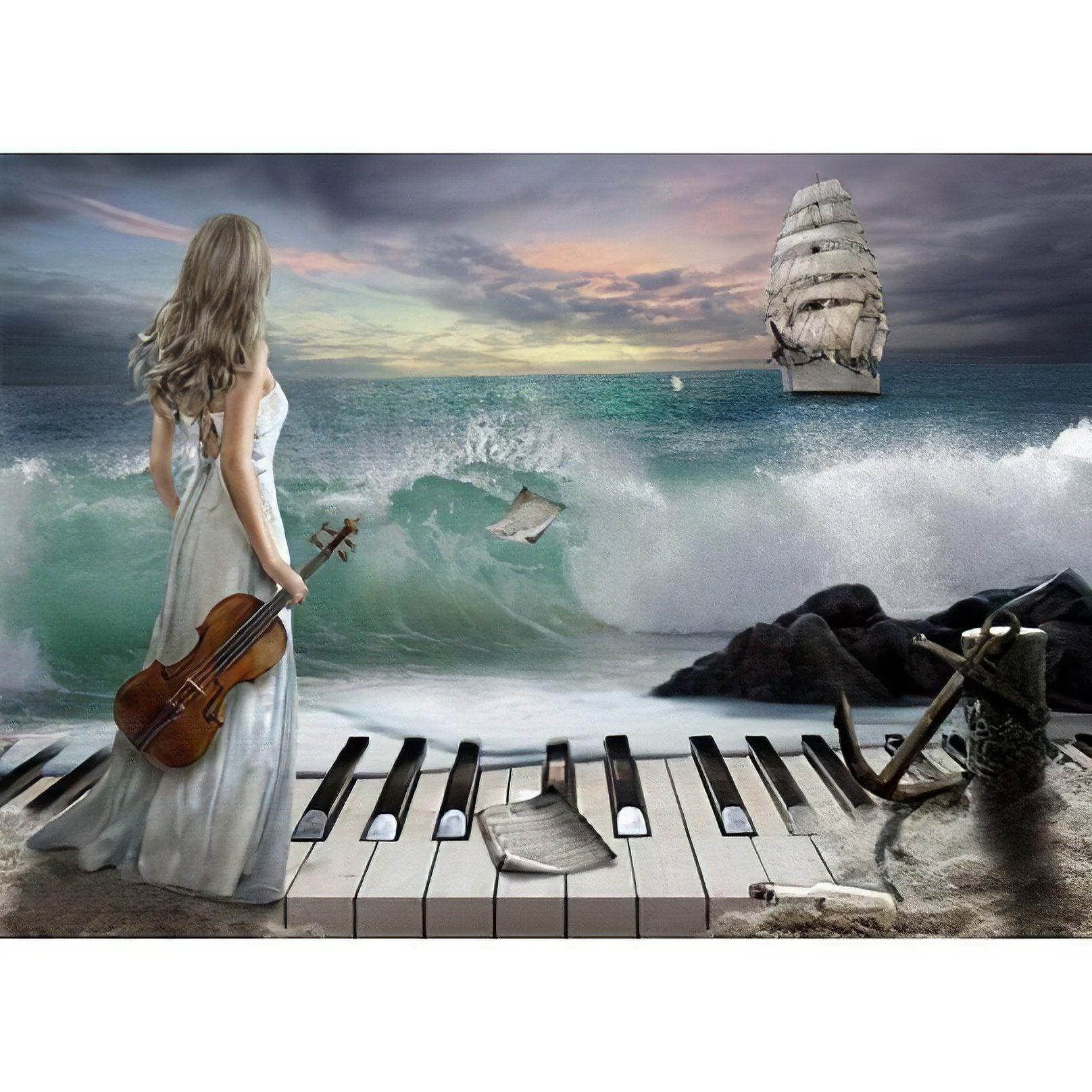 Lady With Violin In Front Of The The Sea