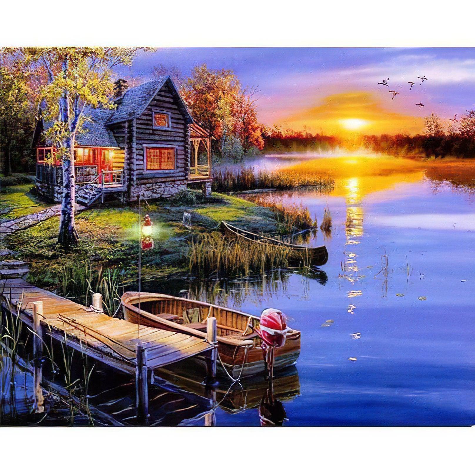 Unwind with the tranquil House by the Lake at dusk.House By The Lake At Dusk - Diamondartlove