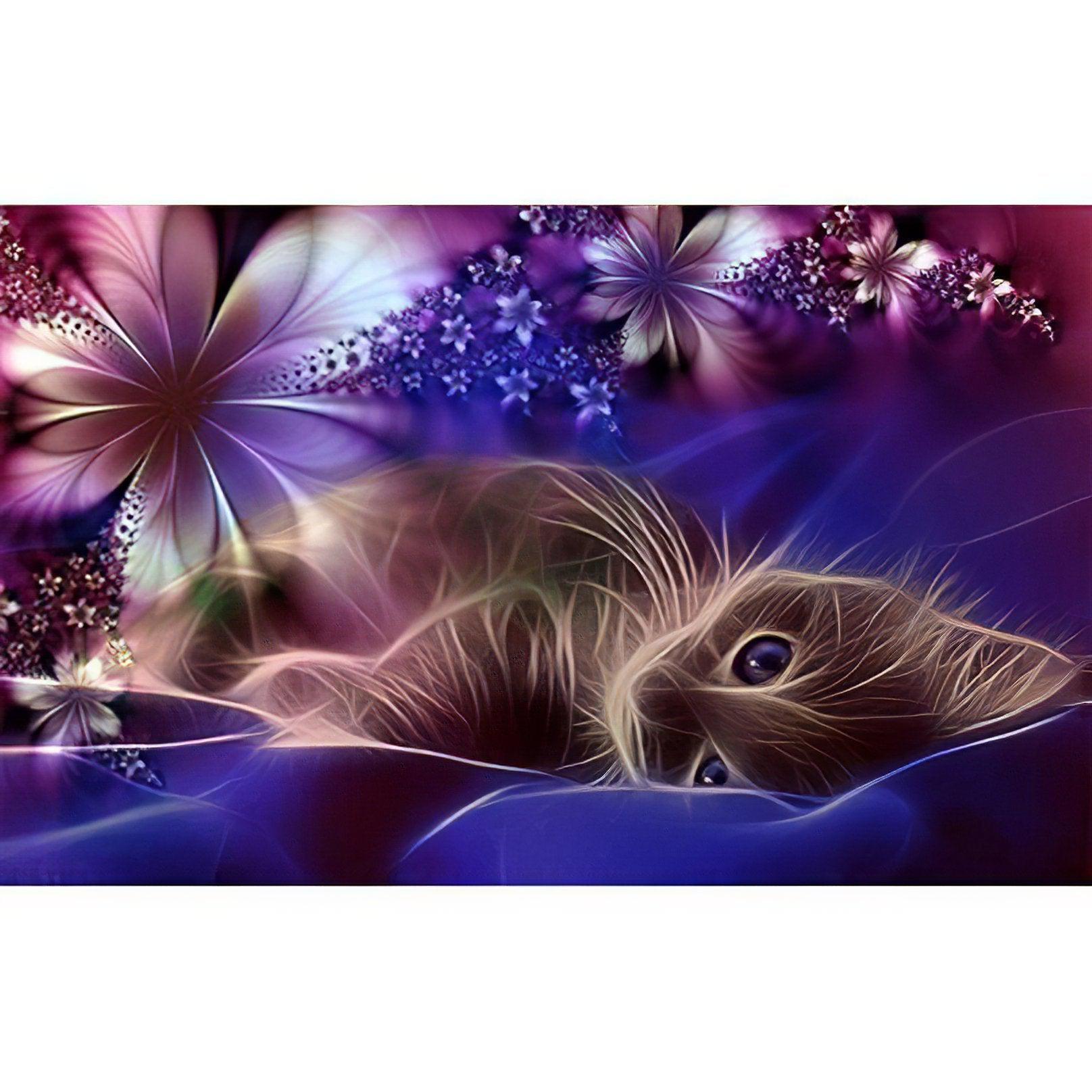 A charming scene of a cat amid blooming flowers, symbolizing beauty and companionship. Cat And Flowers - Diamondartlove