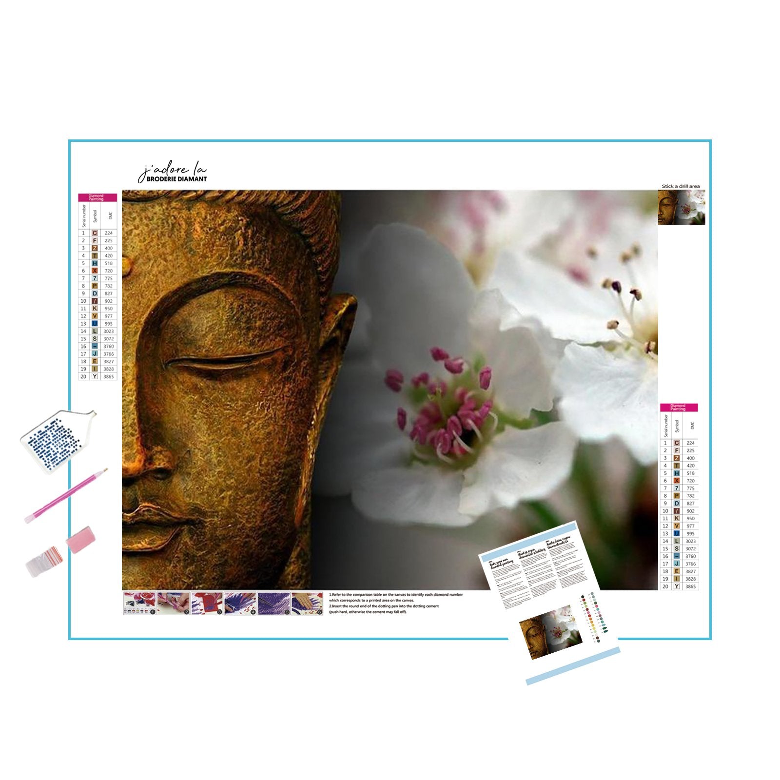 Buddha surrounded by white flowers, symbolizing purity and spiritual awakening.Buddha With White Flowers - Diamondartlove
